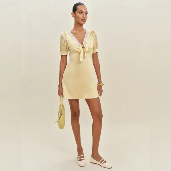 New Reformation Avin Silk Mini Dress Blonde - Picture 5 of 16